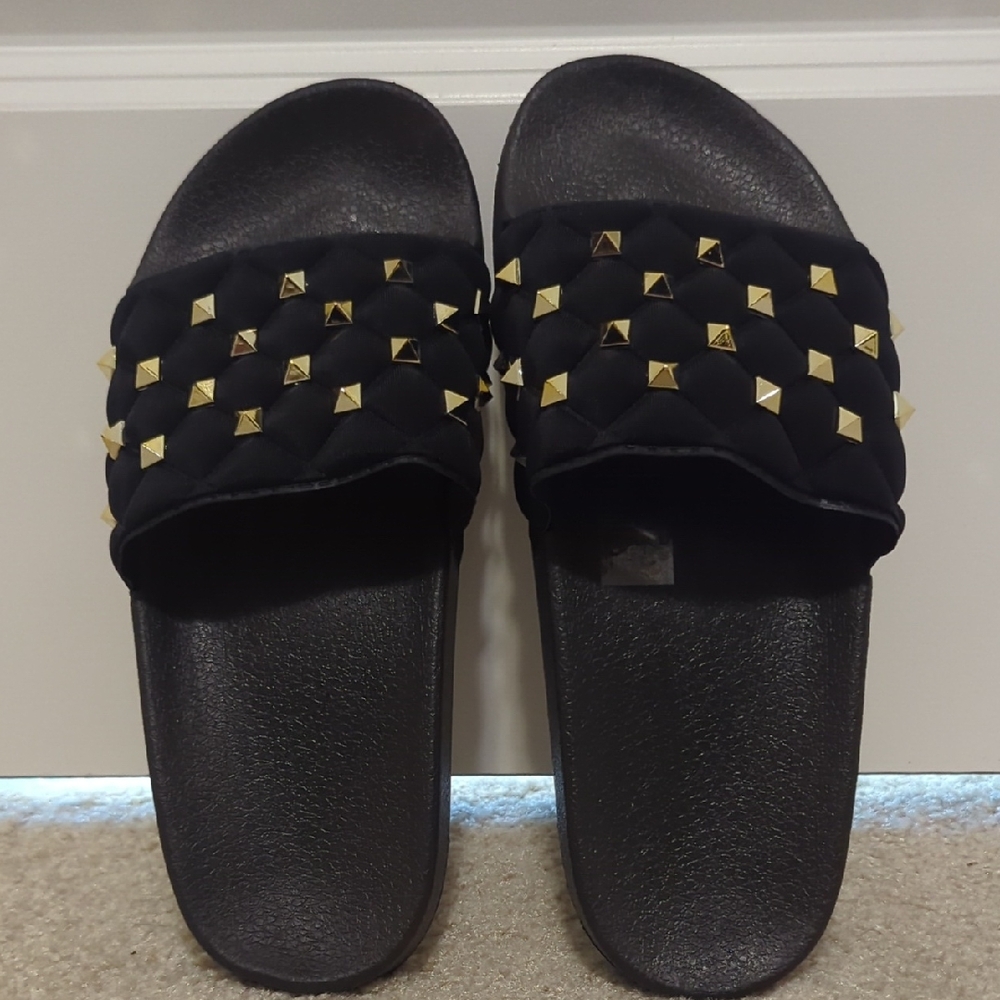 Black and Gold Studded Women's Slide Sandals